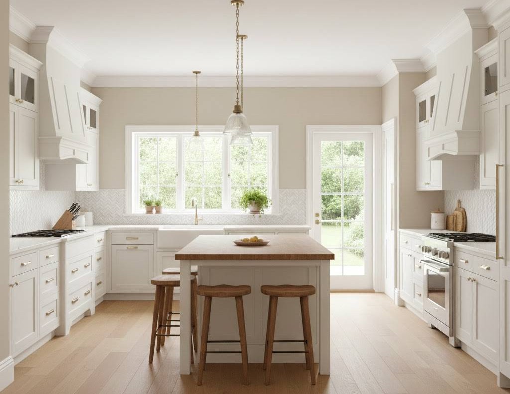 Accessible beige on the main wall and white dove as trim color