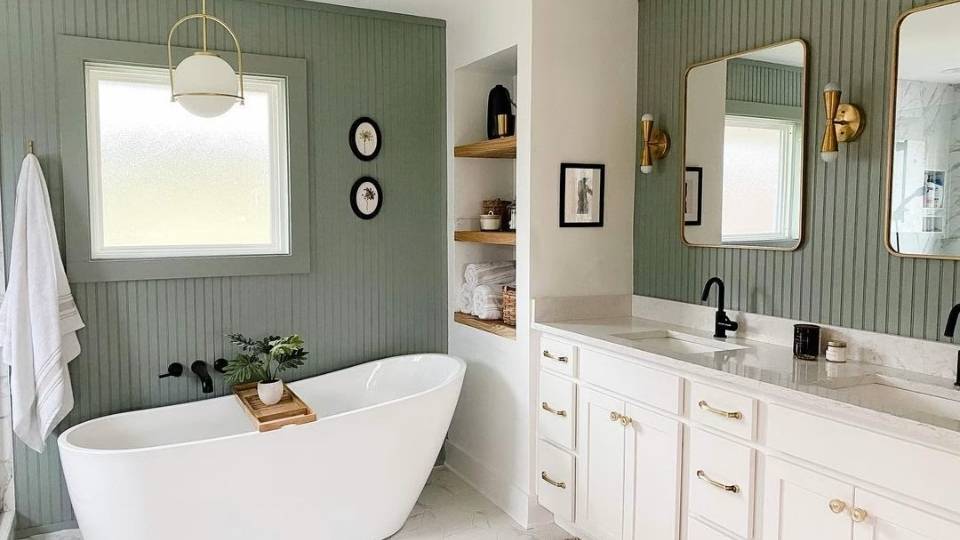 Acacia Haze in a bathroom