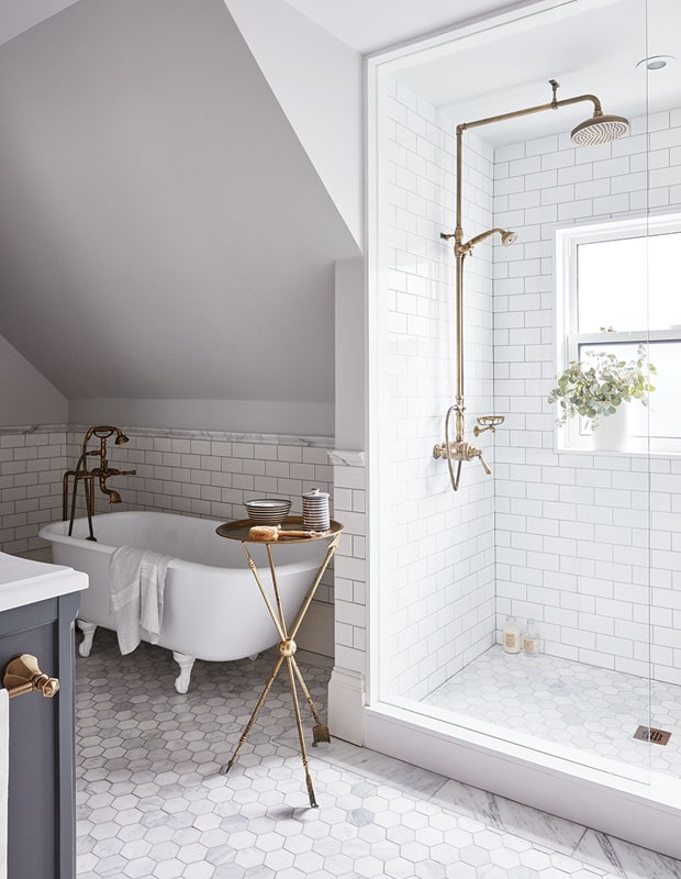 Light French Gray in bathrooms with white subway tile, marble countertops, and chrome fixtures