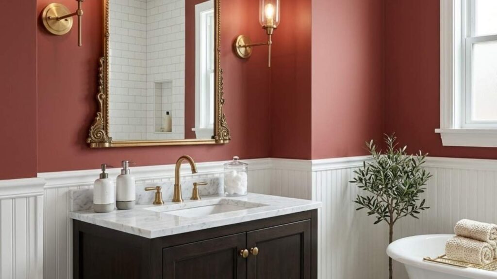 Crimson in a bathroom