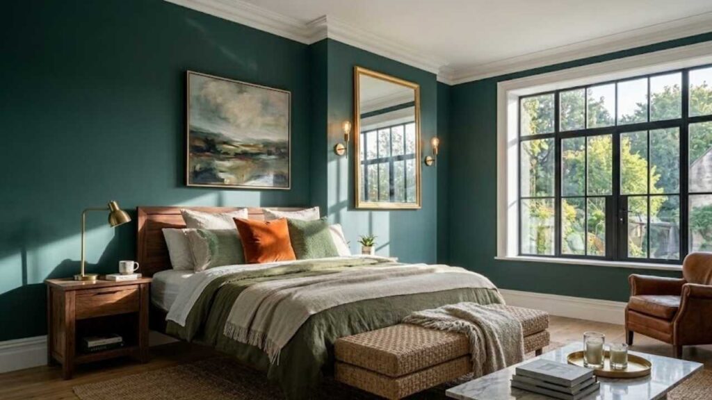Forest green in a bedroom 